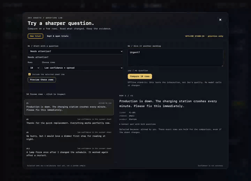 https://github.com/autonomous-ai/openharness/blob/HEAD/Question Lab in Jev Sheets: two wordings of a question are compared on frozen rows, recorded with practice data.