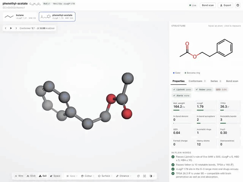 https://github.com/autonomous-ai/openharness/blob/HEAD/A bond scan in RDKit: the molecule rotates through sampled poses along an MMFF94 energy curve.