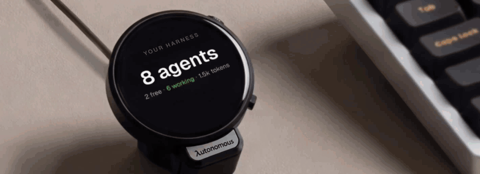 https://github.com/autonomous-ai/openharness/blob/HEAD/A finger taps the round Harness device, speaks a task to fix the login flow, and the device shows the agent deploying, then a summary of the shipped fix.