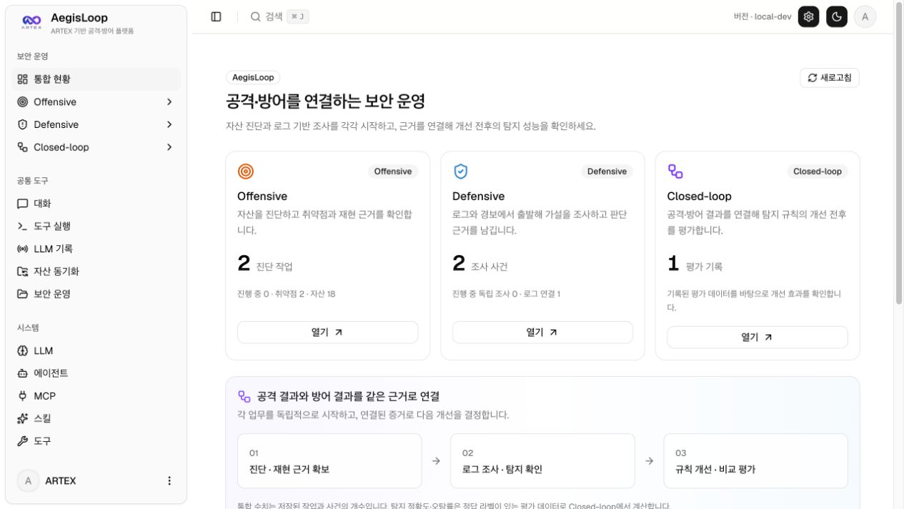 AegisLoop 통합 현황: Offensive·Defensive·Closed-loop를 연결하는 최신 웹 화면