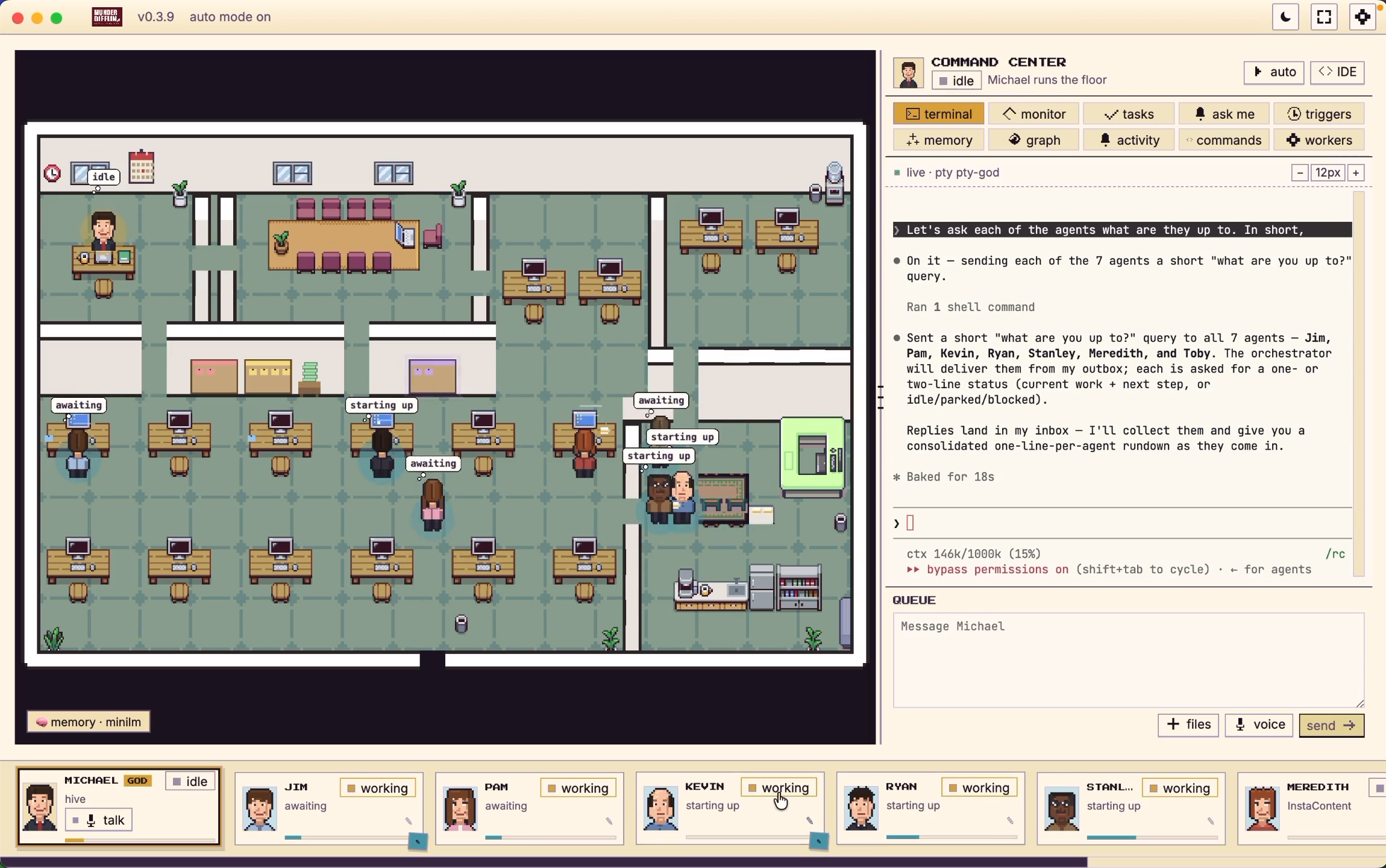 https://github.com/chaitanyagiri/munder-difflin/blob/HEAD/The Munder Difflin office floor: agents at desks working in parallel, with the Command Center and a live agent terminal on the right