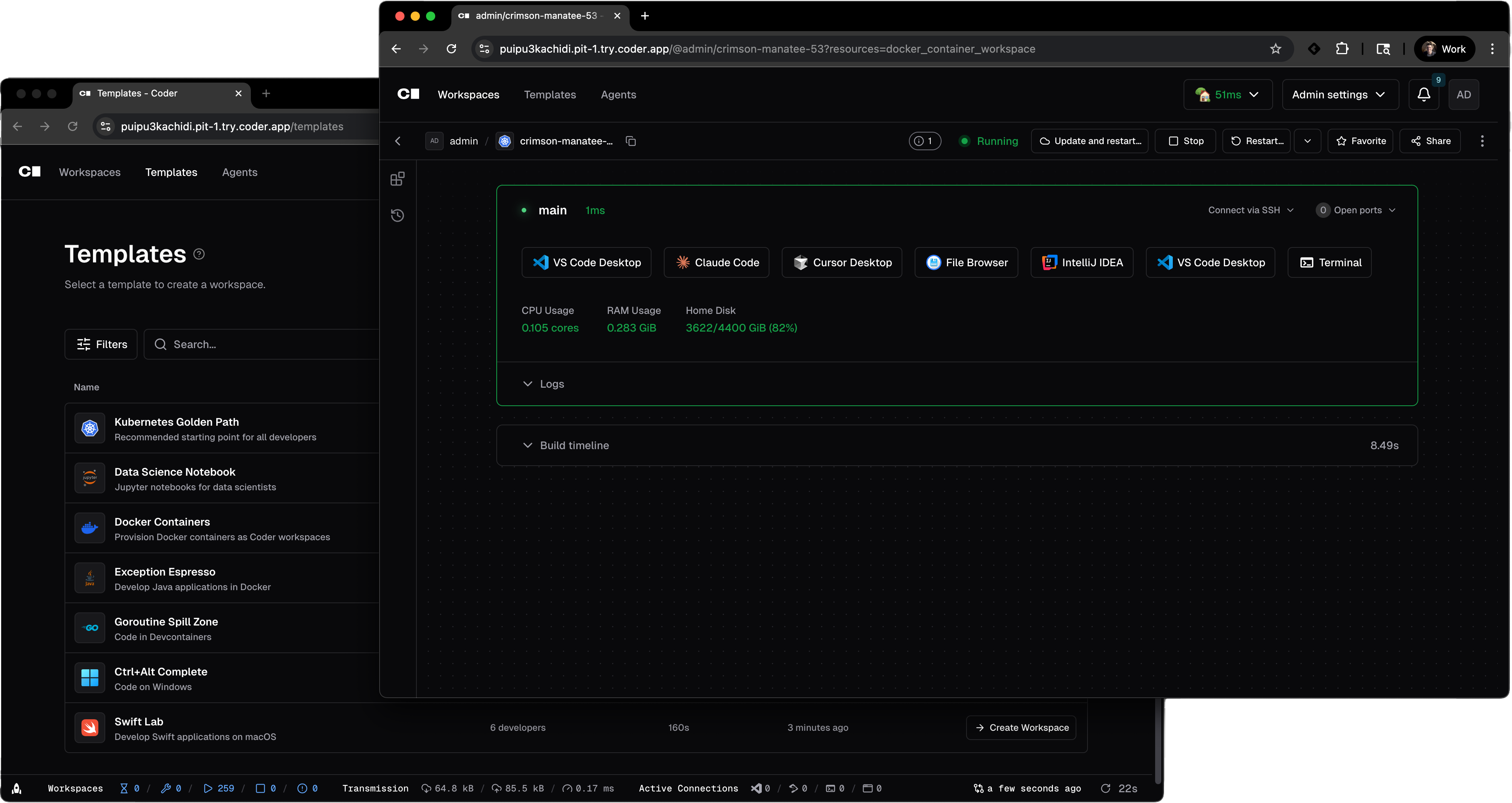 https://github.com/coder/coder/blob/HEAD/Coder platform showing templates and a running workspace