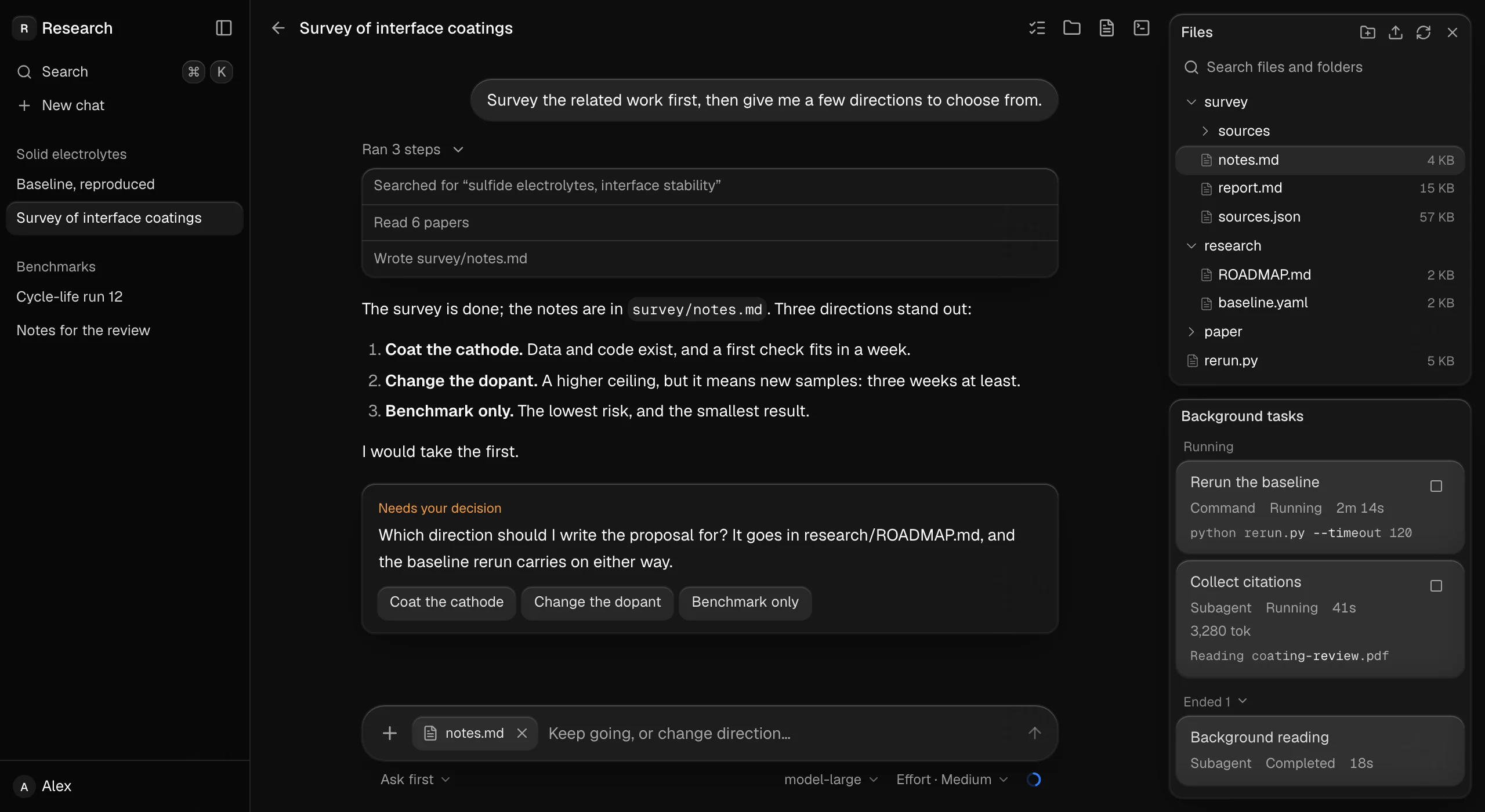 An agent workspace made of it: sessions, the thread, files and background tasks