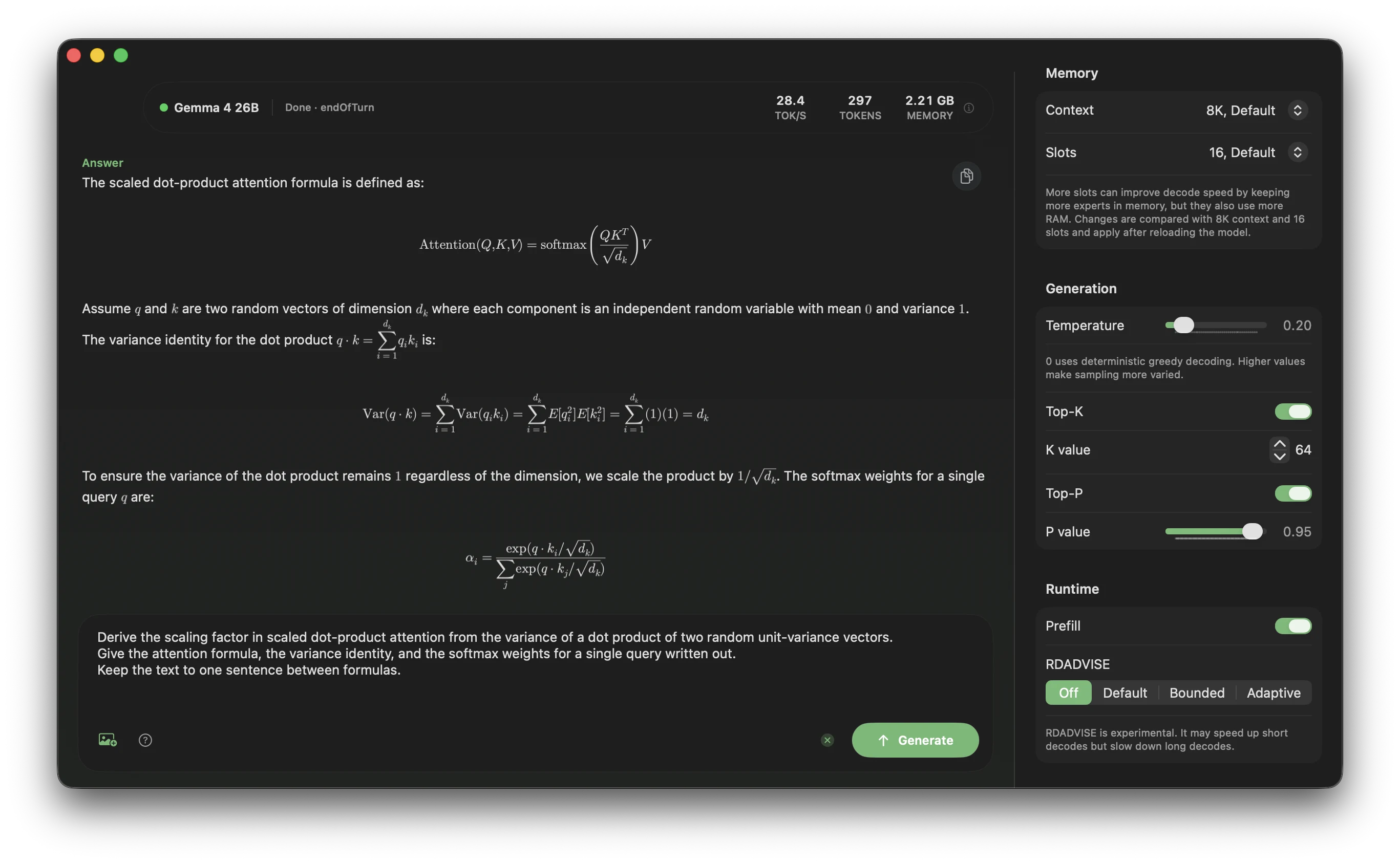 TurboFieldfare Mac app generating text with Gemma 4 26B-A4B
