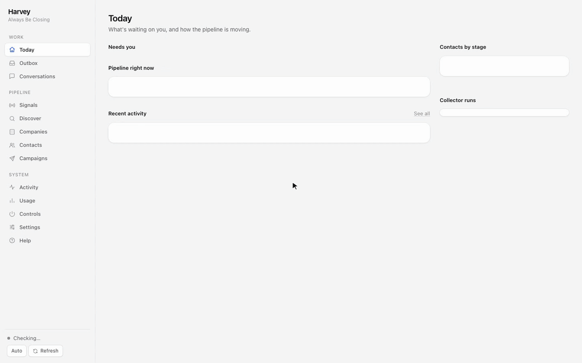 Harvey's dashboard: the Today screen, a conversation handed back for a human, approving a reply in the outbox, confirming a signal and building a cohort, searching contacts, then dark mode