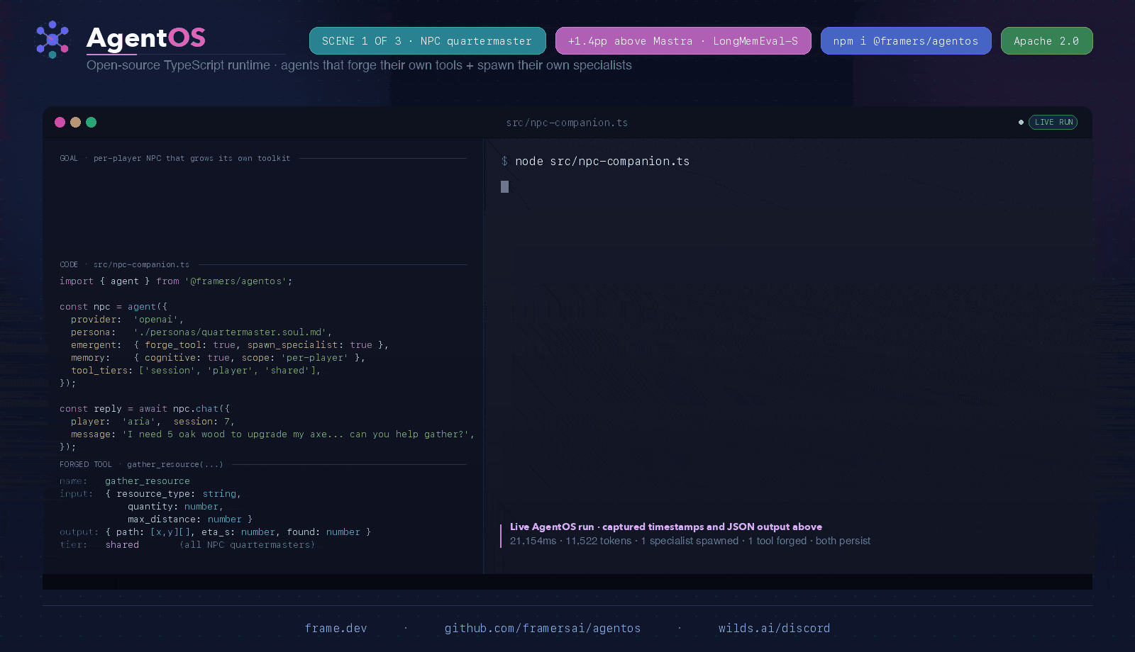https://github.com/framerslab/agentos/blob/HEAD/Three AgentOS agents with distinct HEXACO personalities collaborate on a code review, forge a new tool at runtime once they hit a gap their static toolkit can't cover, the LLM judge approves the spec, and all three invoke it on the next turn.