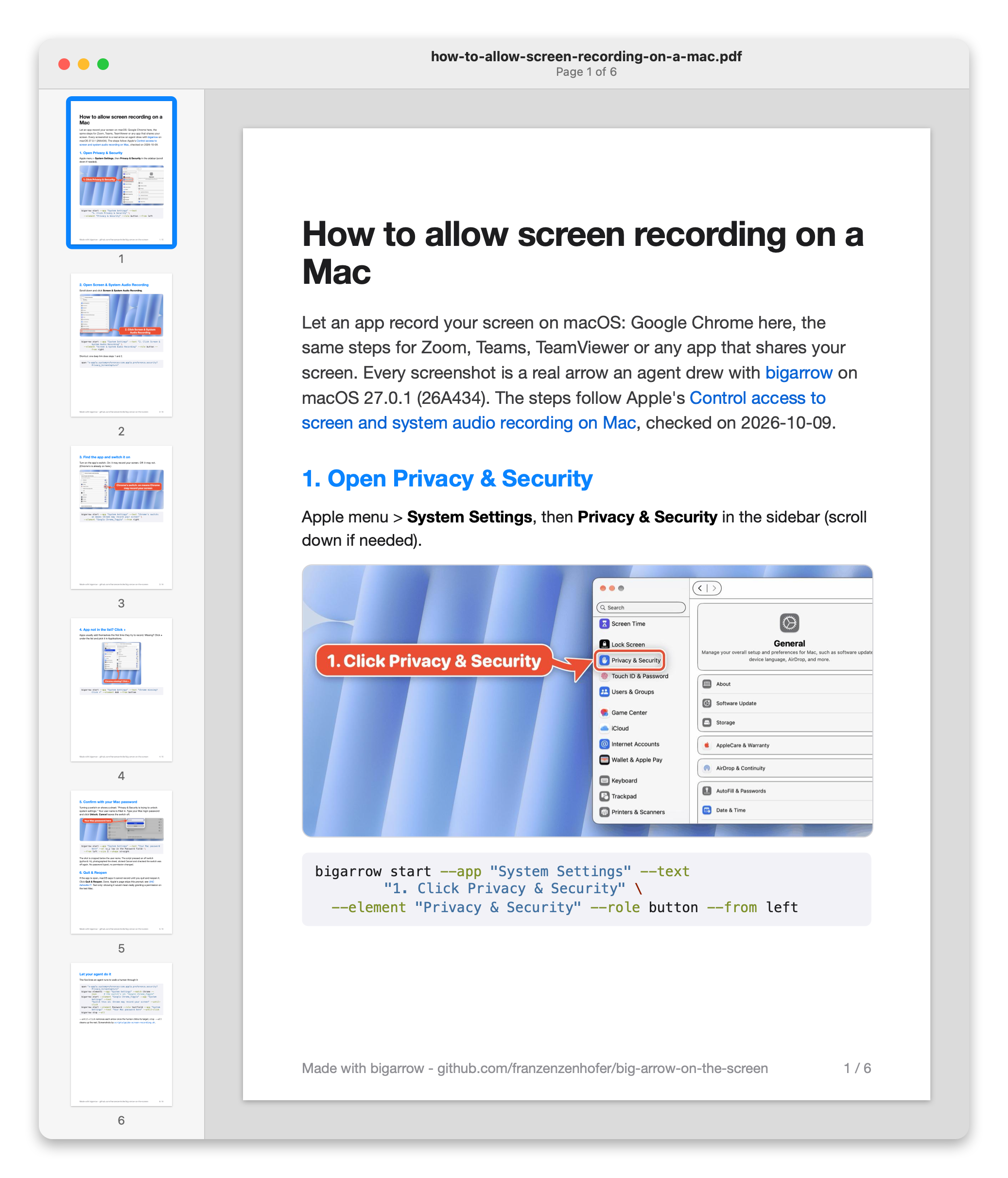 https://github.com/franzenzenhofer/big-arrow-on-the-screen/blob/HEAD/The guide as a 6-page PDF: page thumbnails on the left, page 1 large on the right, How to allow screen recording on a Mac, step 1 with an arrow at Privacy &amp; Security