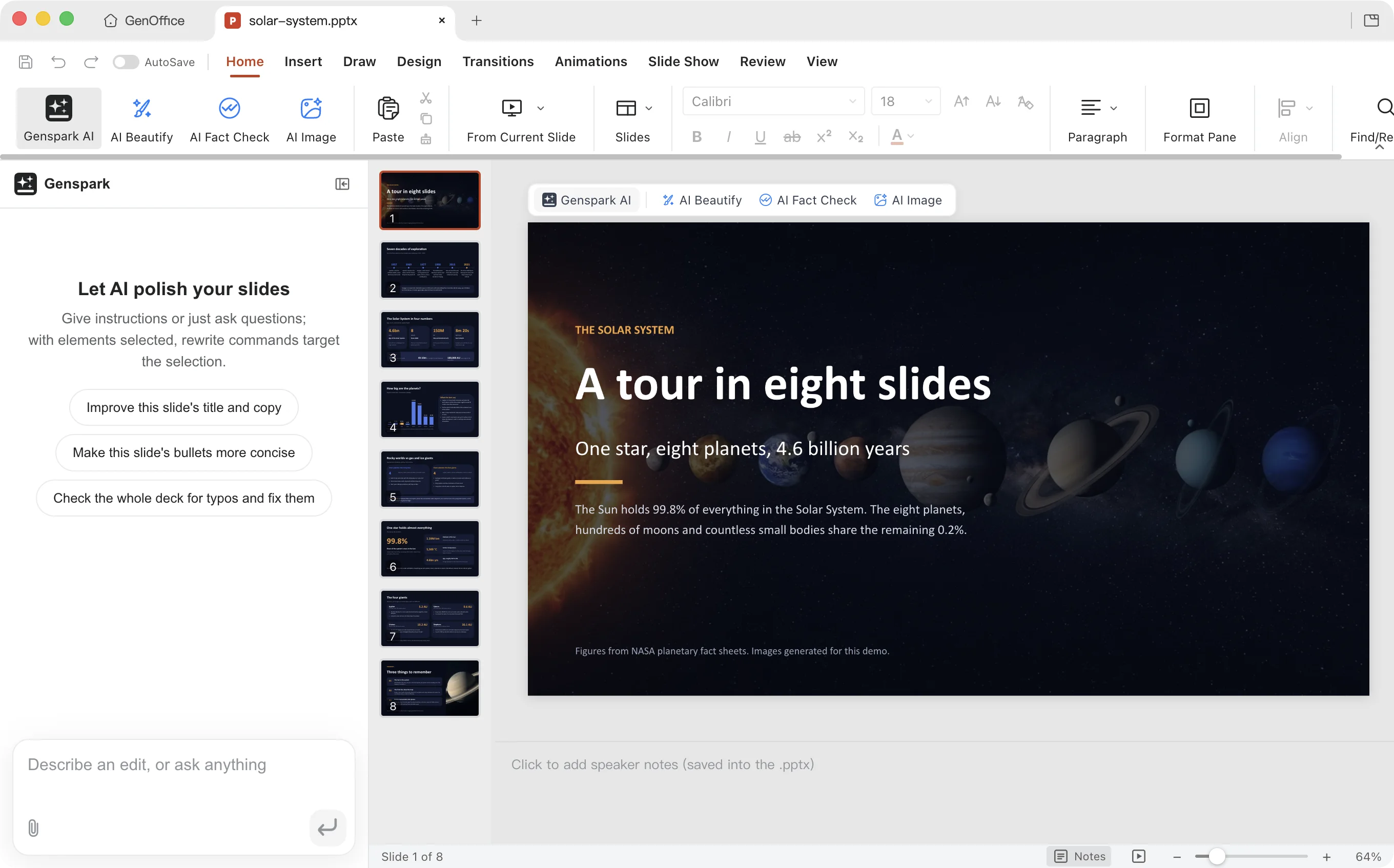https://github.com/genspark-ai/genoffice/blob/HEAD/GenOffice Slides showing an eight-slide Solar System deck that a coding agent built through the genoffice command line: the cover slide on the canvas, eight thumbnails on the left and the AI panel open