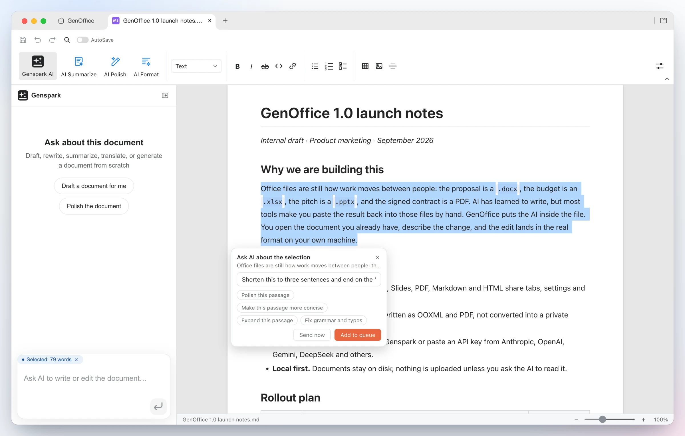 https://github.com/genspark-ai/genoffice/blob/HEAD/GenOffice Markdown: a selected paragraph shows an Ask AI popover with a typed instruction and suggestion chips such as Polish, Make more concise, Expand and Fix grammar, plus Send now and Add to queue buttons