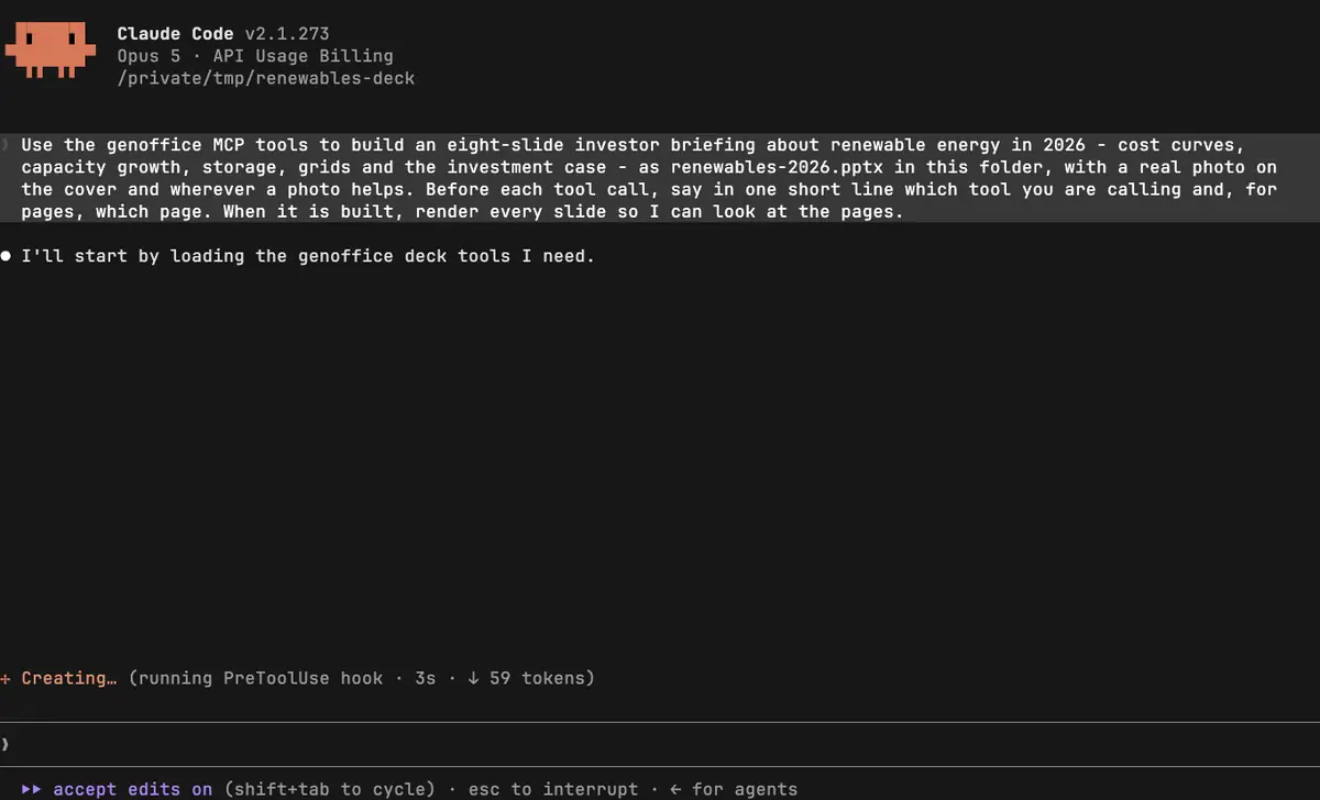 https://github.com/genspark-ai/genoffice/blob/HEAD/Time-lapse of Claude Code building an eight-slide renewable-energy investor briefing through the genoffice MCP server: it searches for figures and photos, checks each candidate picture with media, deck_start writes the style sheet and outline, deck_page adds one checked page at a time, deck_build assembles the .pptx and slides_render returns a picture of every slide; the finished deck then opens in GenOffice Slides