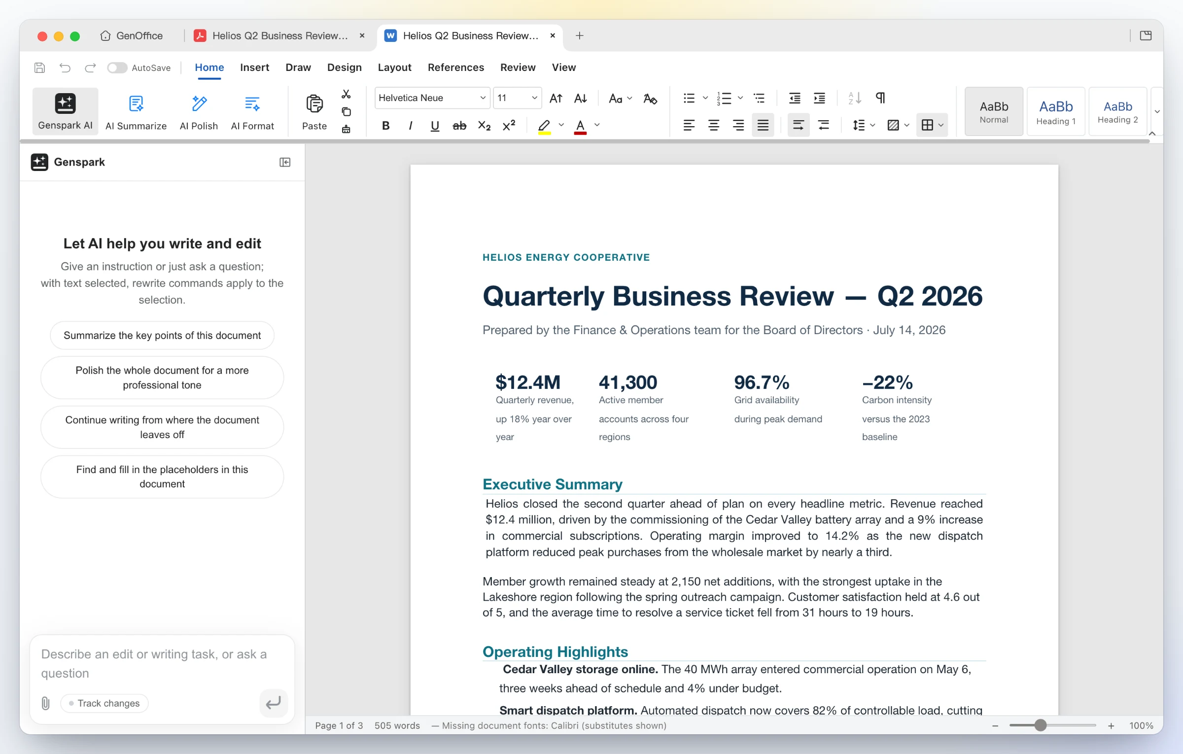 https://github.com/genspark-ai/genoffice/blob/HEAD/GenOffice Docs showing a Word document converted locally from the Helios quarterly review PDF, opened in a second tab beside the original PDF