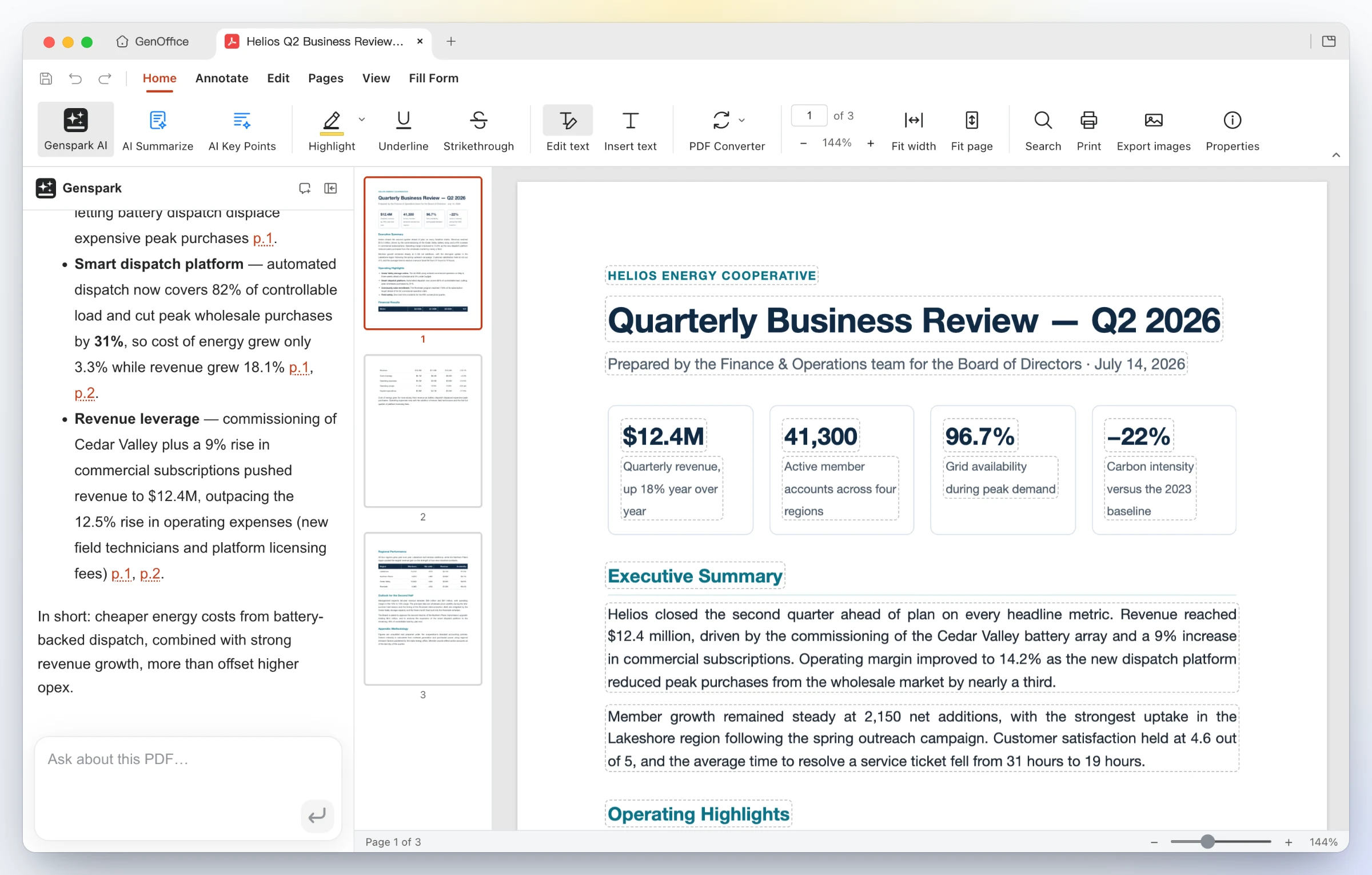 https://github.com/genspark-ai/genoffice/blob/HEAD/GenOffice PDF: Edit text mode outlines every text block on the page for in-place editing while the AI panel answers a question about the report with page citations
