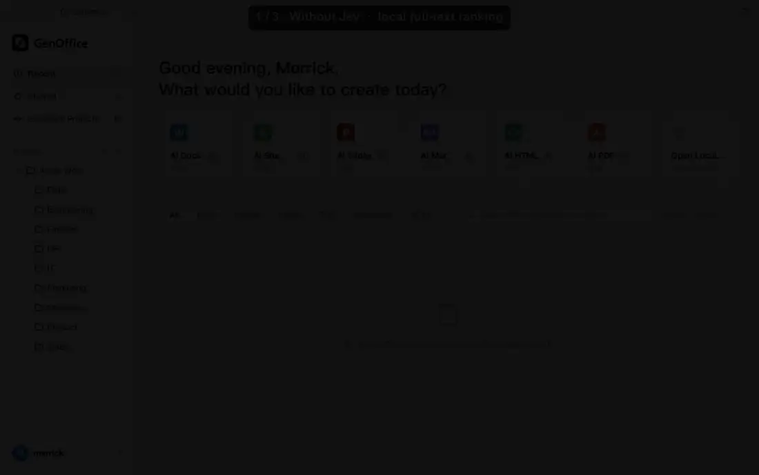 https://github.com/genspark-ai/genoffice/blob/HEAD/Screen recording of the GenOffice home screen: typing laptop refresh policy lists a browser-cache policy, a brand-refresh plan and a dashboard-refresh schedule first while the equipment standards document is last; the Settings page shows Jev search reranking switched on under AI Media & Search with the TypeSafe endpoint; the same search then shows the equipment standards document first with a Jev badge next to the result count
