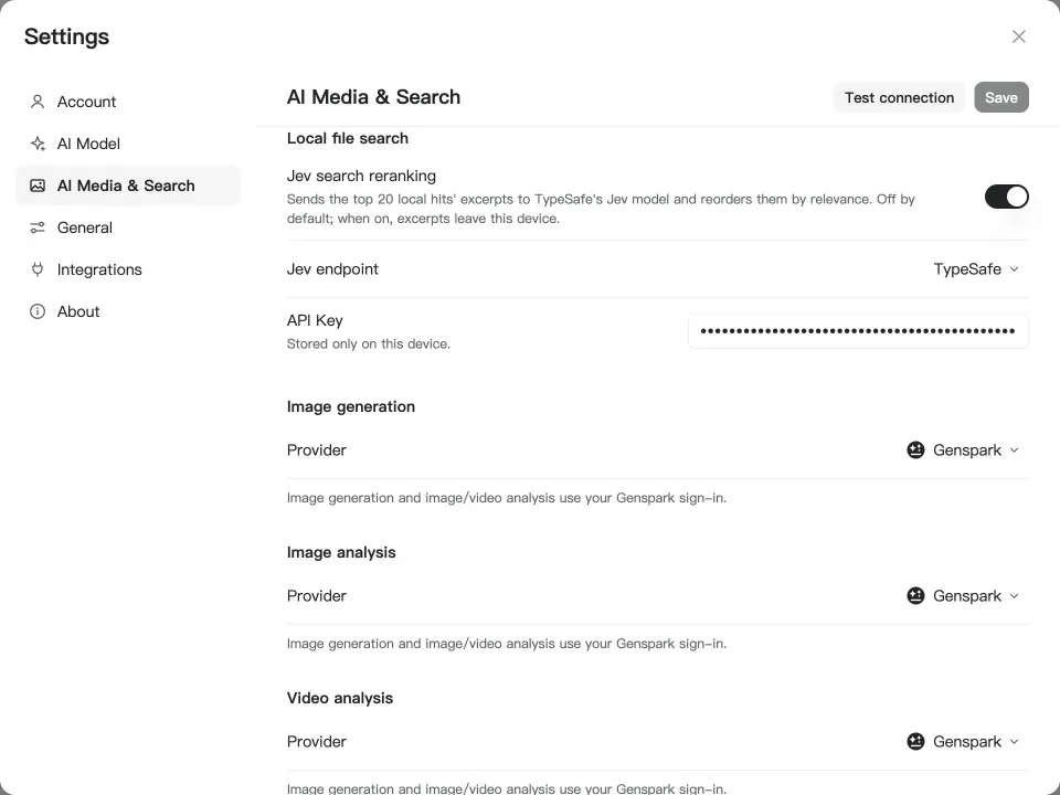 https://github.com/genspark-ai/genoffice/blob/HEAD/GenOffice Settings, AI Media & Search page: the Local file search block with the Jev search reranking switch, the endpoint choice between OpenRouter and TypeSafe, and the API key field