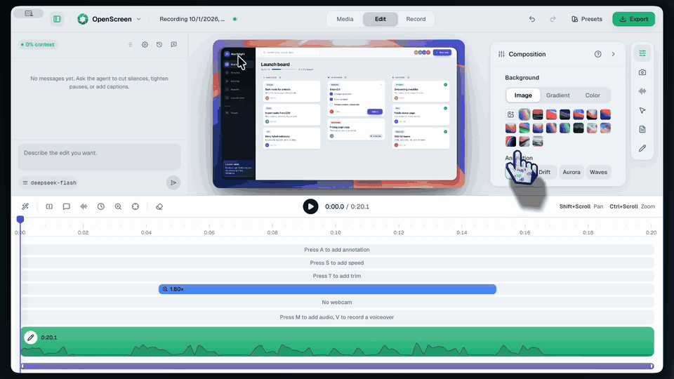https://github.com/getopenscreen/openscreen/blob/HEAD/Editing a recording in OpenScreen: one click restyles the whole video, deleting a sentence in the transcript cuts it from the video, and the editor's agent adds a zoom on every click