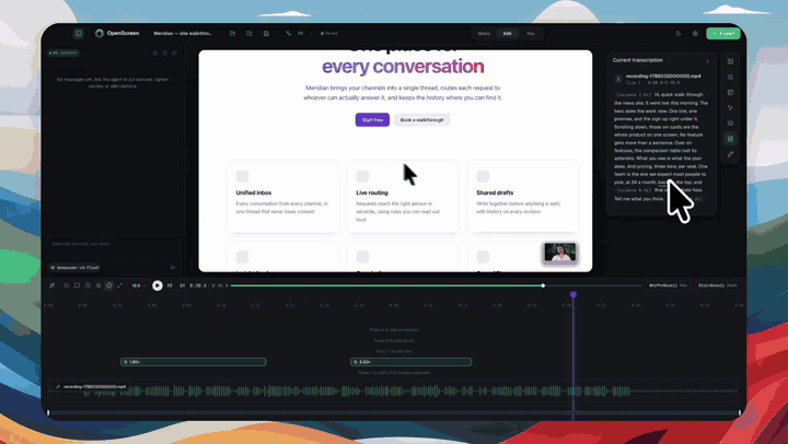 https://github.com/getopenscreen/openscreen/blob/HEAD/Editing a recording in OpenScreen: wallpaper and video effects, an AI-assisted cut driven from the chat, then export