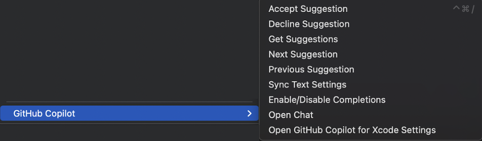 https://github.com/github/CopilotForXcode/blob/HEAD/Screenshot of Xcode Editor GitHub Copilot menu item