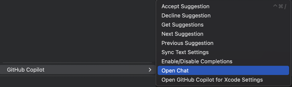 https://github.com/github/CopilotForXcode/blob/HEAD/Screenshot of Xcode Editor GitHub Copilot menu item