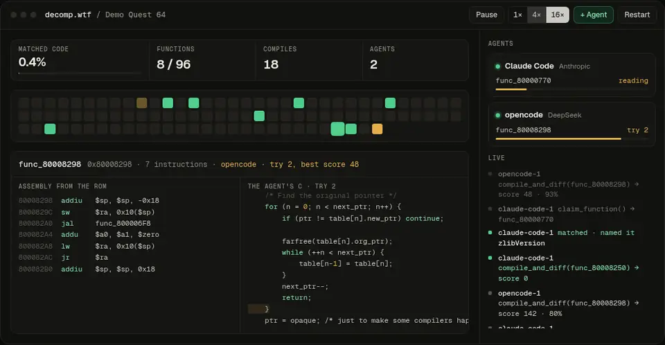 https://github.com/i12bp8/decomp.wtf/blob/HEAD/decomp.wtf at work: agents claim functions, their compile attempts drop to score 0, and the map of the game turns green.