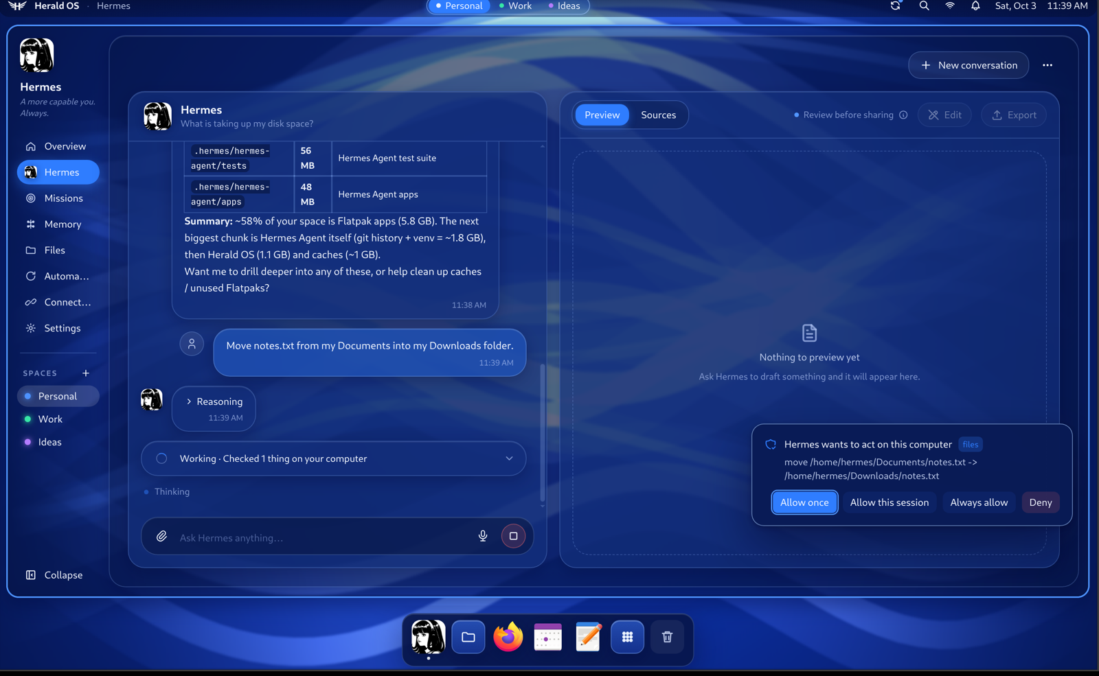 https://github.com/iamlukethedev/Herald-OS/blob/HEAD/Hermes answering with its system tools