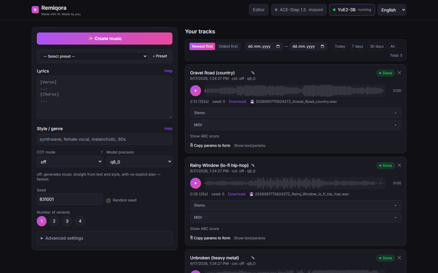 YuE2: generation and track feed