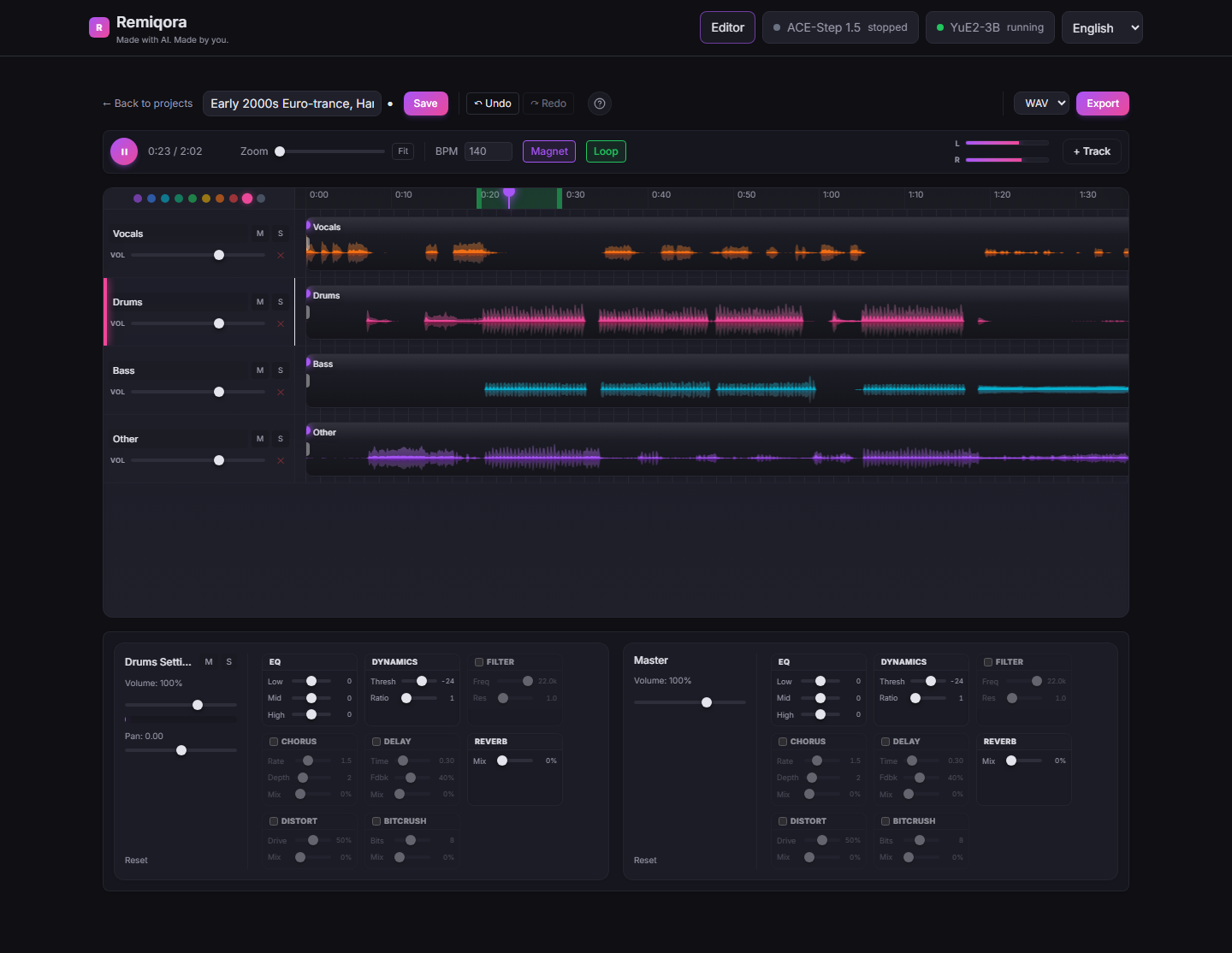 Editor: a four-stem project on the timeline