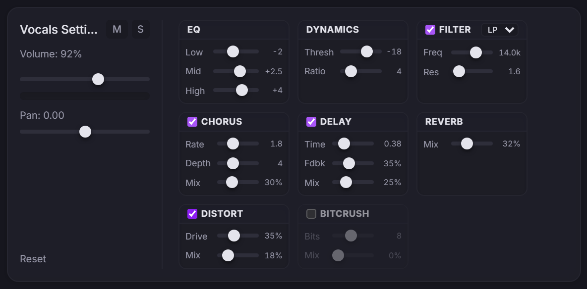 Effects rack on the vocals channel