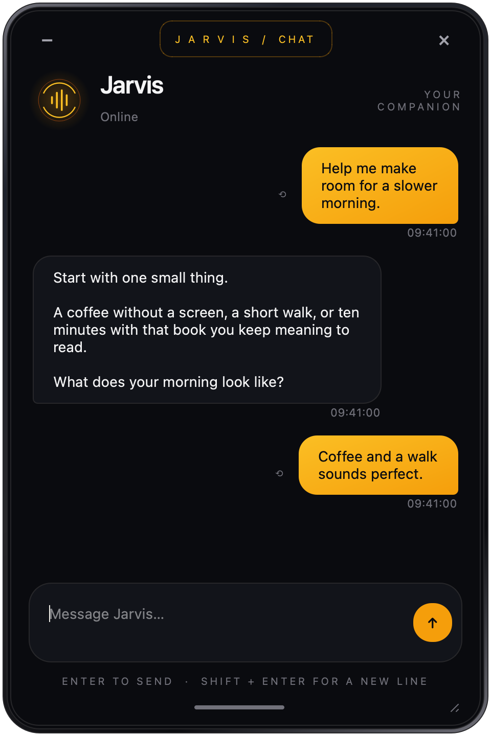 https://github.com/isair/jarvis/blob/HEAD/Jarvis companion chat in its rounded graphite phone-style window, showing illustrative messages and an amber composer