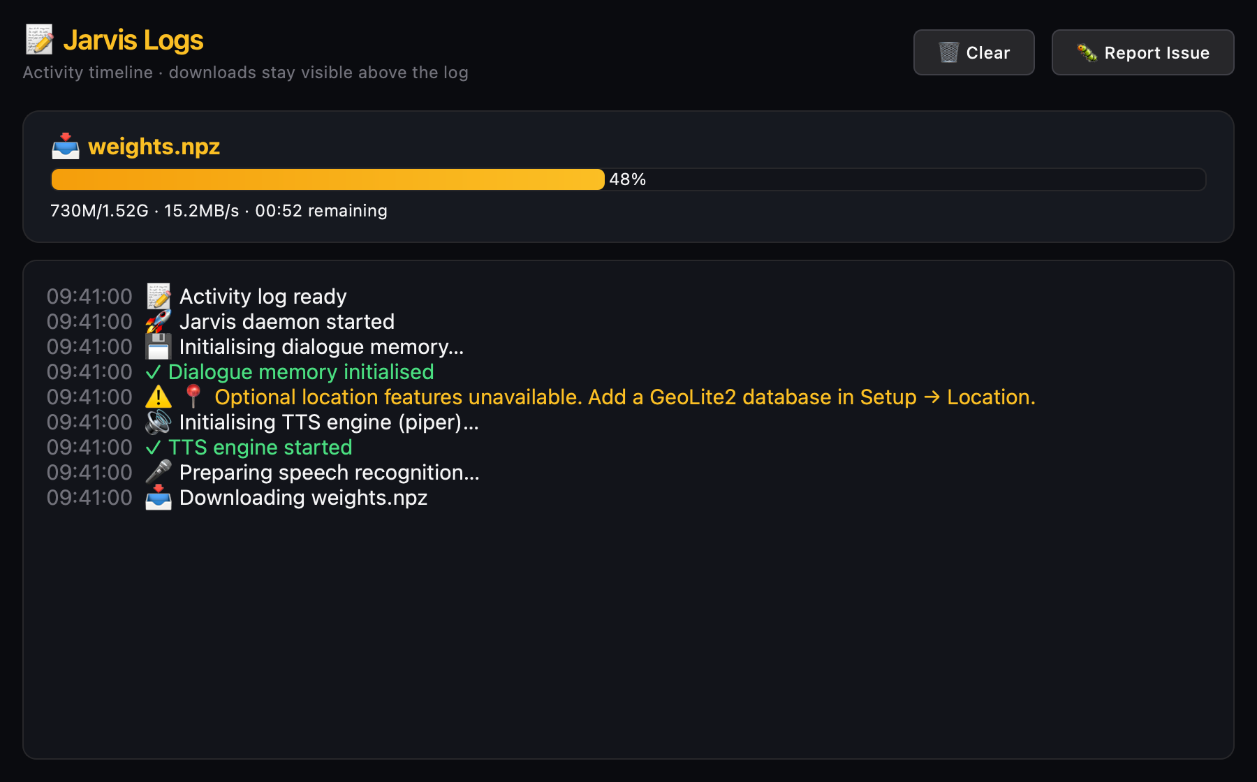 https://github.com/isair/jarvis/blob/HEAD/Jarvis Logs showing a speech model download at 48 percent, transferred bytes, speed, remaining time and a yellow optional-location warning
