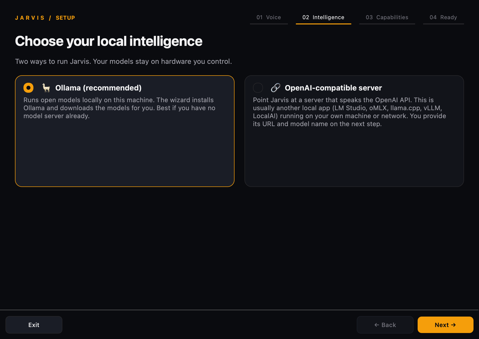 https://github.com/isair/jarvis/blob/HEAD/Current setup wizard with separate cards for Ollama and an OpenAI-compatible local server
