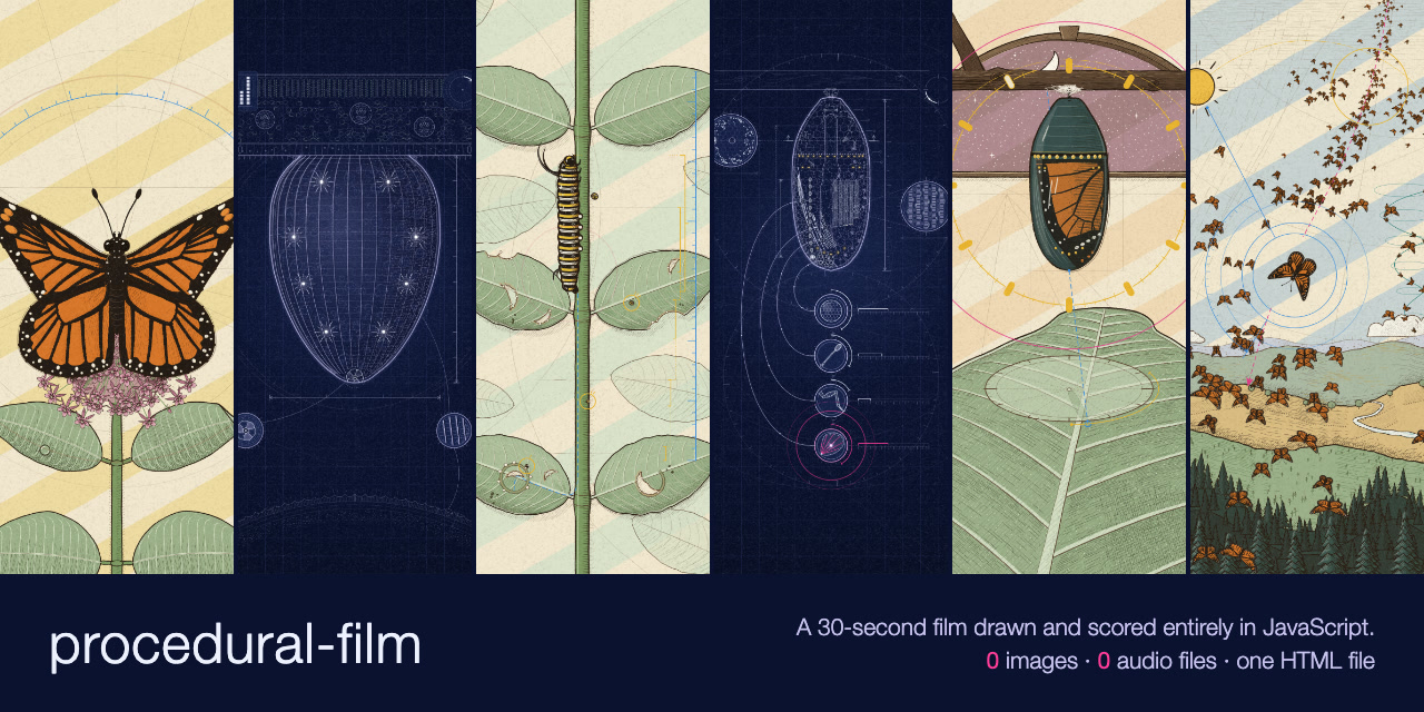 Six frames from the butterfly-life film, alternating hand-inked paper shots and navy blueprint shots