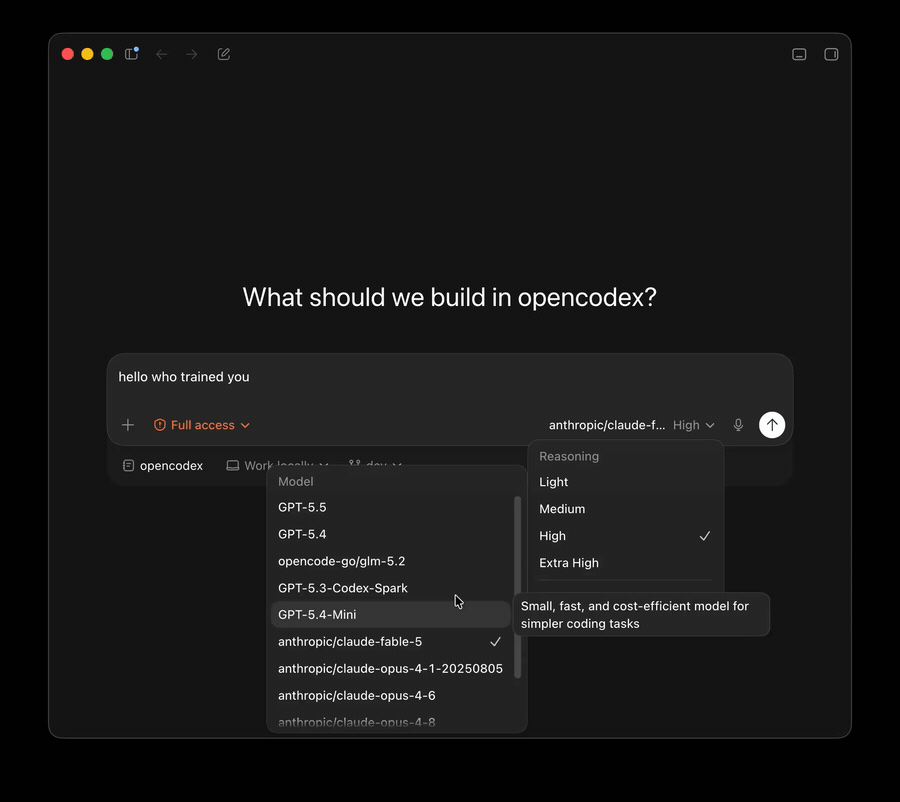 https://github.com/lidge-jun/opencodex/blob/HEAD/opencodex demo — running a task in the Codex app on a routed non-OpenAI model