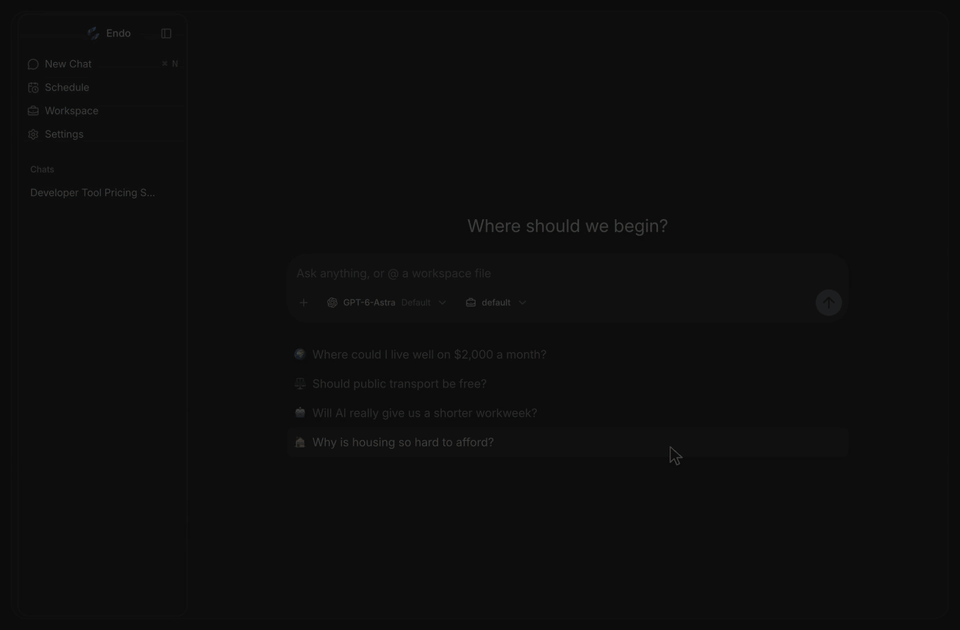https://github.com/longsurf-ai/endo/blob/HEAD/A workspace workflow drafts with Codex, Claude and Gemini in parallel, then Claude reviews; the Workflow card shows each call and the final answer.
