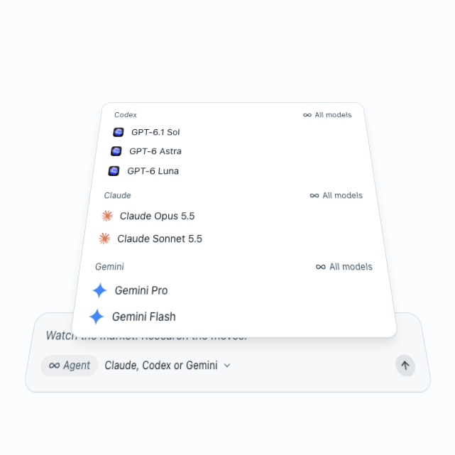 https://github.com/longsurf-ai/openchart/blob/HEAD/Codex, Claude, and Gemini models in a floating model-list illustration.