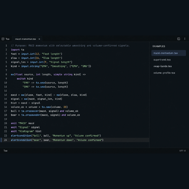 https://github.com/longsurf-ai/openchart/blob/HEAD/The website's Tea editor illustration showing a custom MACD indicator and volume-confirmed alerts.