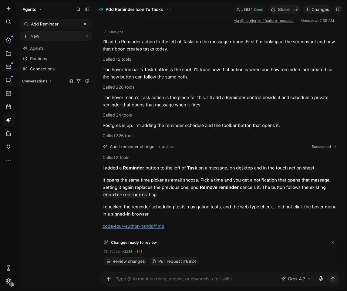 A Macro coding-agent session with tool calls, a successful audit, and a pull request