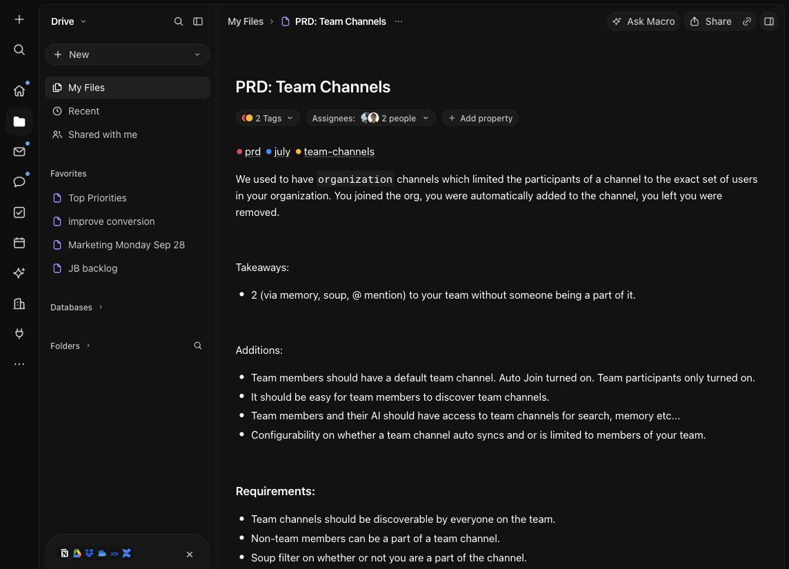 The Team Channels PRD in Macro with tags, assignees, and readable requirements