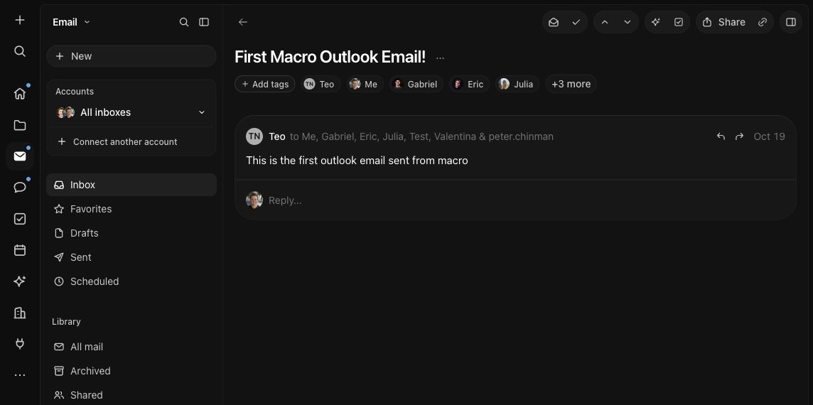 A Macro team test email with the email navigation sidebar open