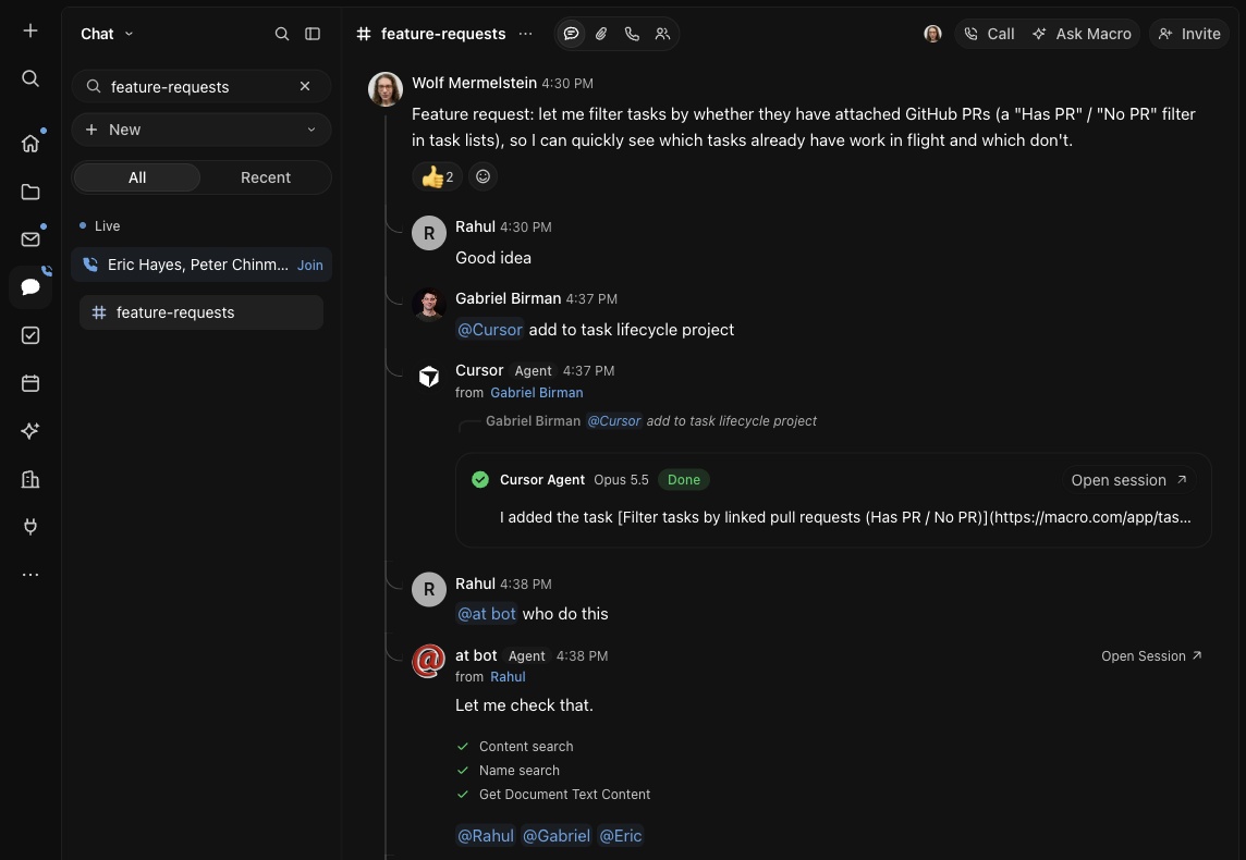 A team discussion in Macro with a completed Cursor handoff and agent searches for task owners