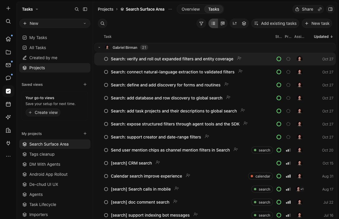 Macro search project tasks grouped by assignee, with statuses, priorities, and project links