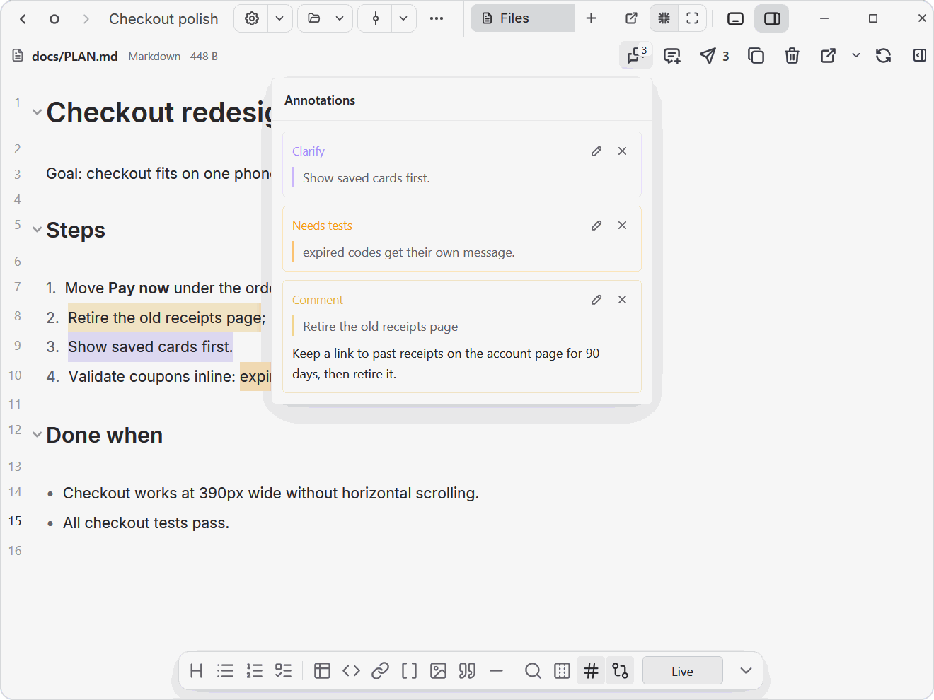 https://github.com/maddada/Ghostex/blob/HEAD/A Markdown plan in the Files view with a comment, a Clarify mark and a Needs tests mark in the Annotations list