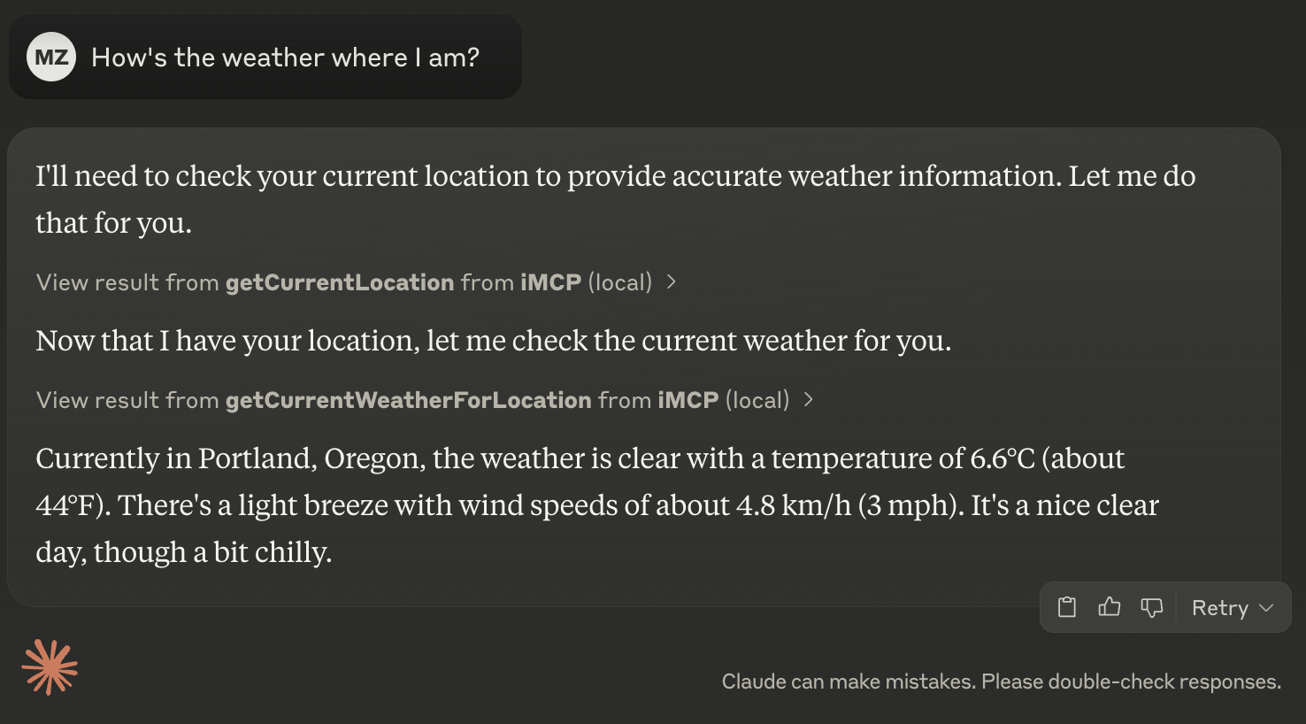 https://github.com/mattt/iMCP/blob/HEAD/Screenshot of Claude response to user message 'How's the weather where I am?'