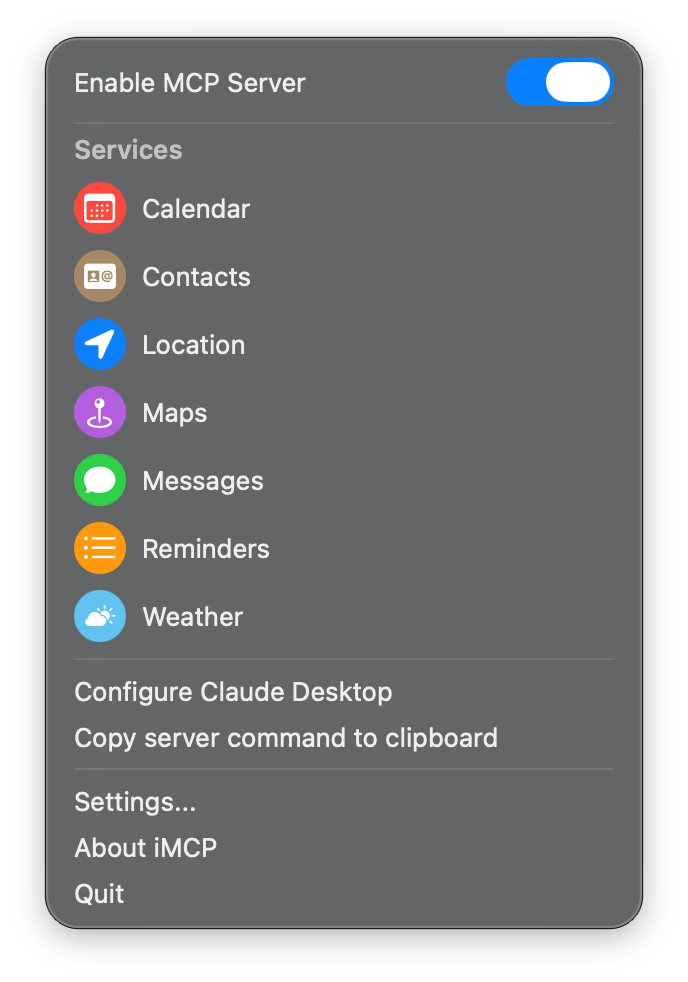 https://github.com/mattt/iMCP/blob/HEAD/Screenshot of iMCP with all services enabled