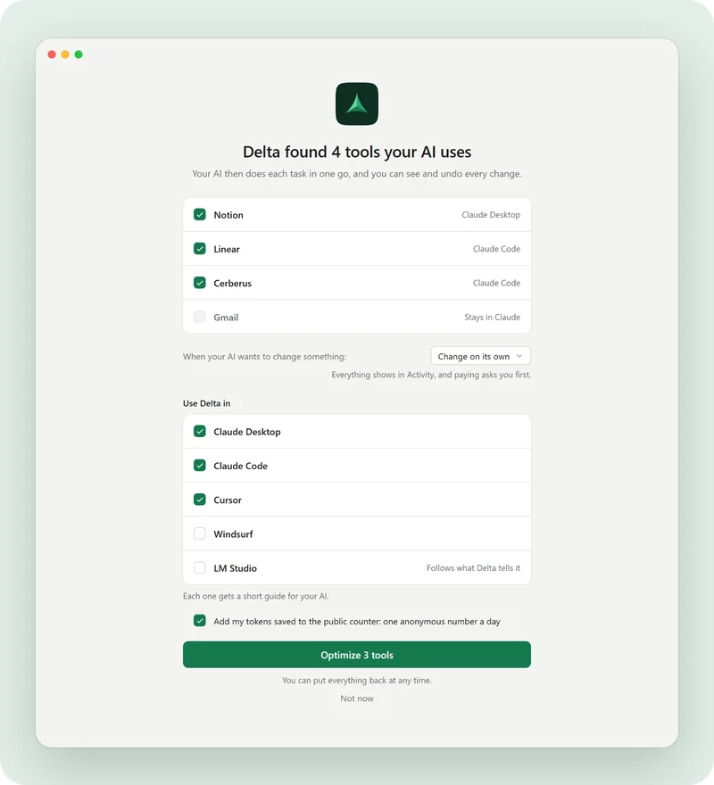 https://github.com/mcpdelta/mcpdelta/blob/HEAD/Delta MCP’s first launch: it found 4 tools your AI uses; Optimize 3 tools.