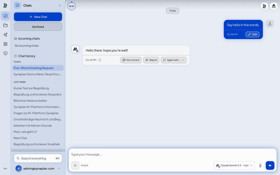 https://github.com/metadist/synaplan/blob/HEAD/A thirty-second tour of Synaplan: a chat answer and its cost, default models with cost badges, the file library, generated images and audio, and connected apps