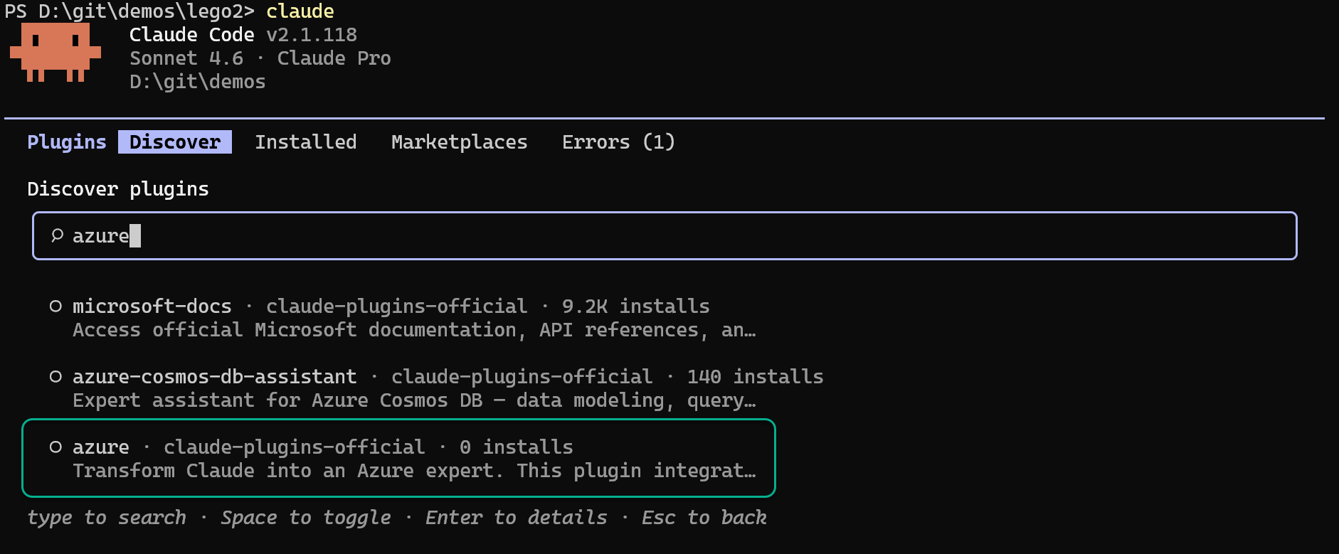 Claude Code plugin discovery showing the Azure plugin