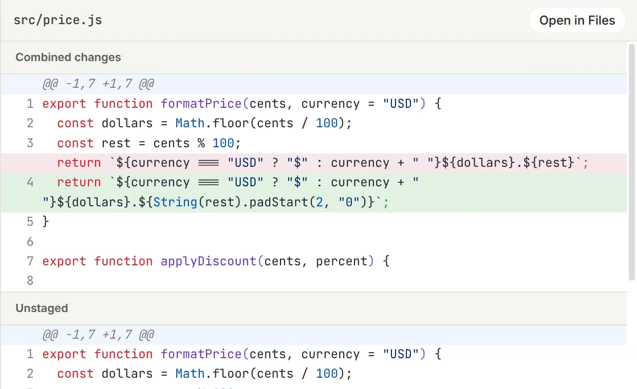 https://github.com/minghinmatthewlam/pi-gui/blob/HEAD/The Review tab showing the diff an agent made to src/price.js