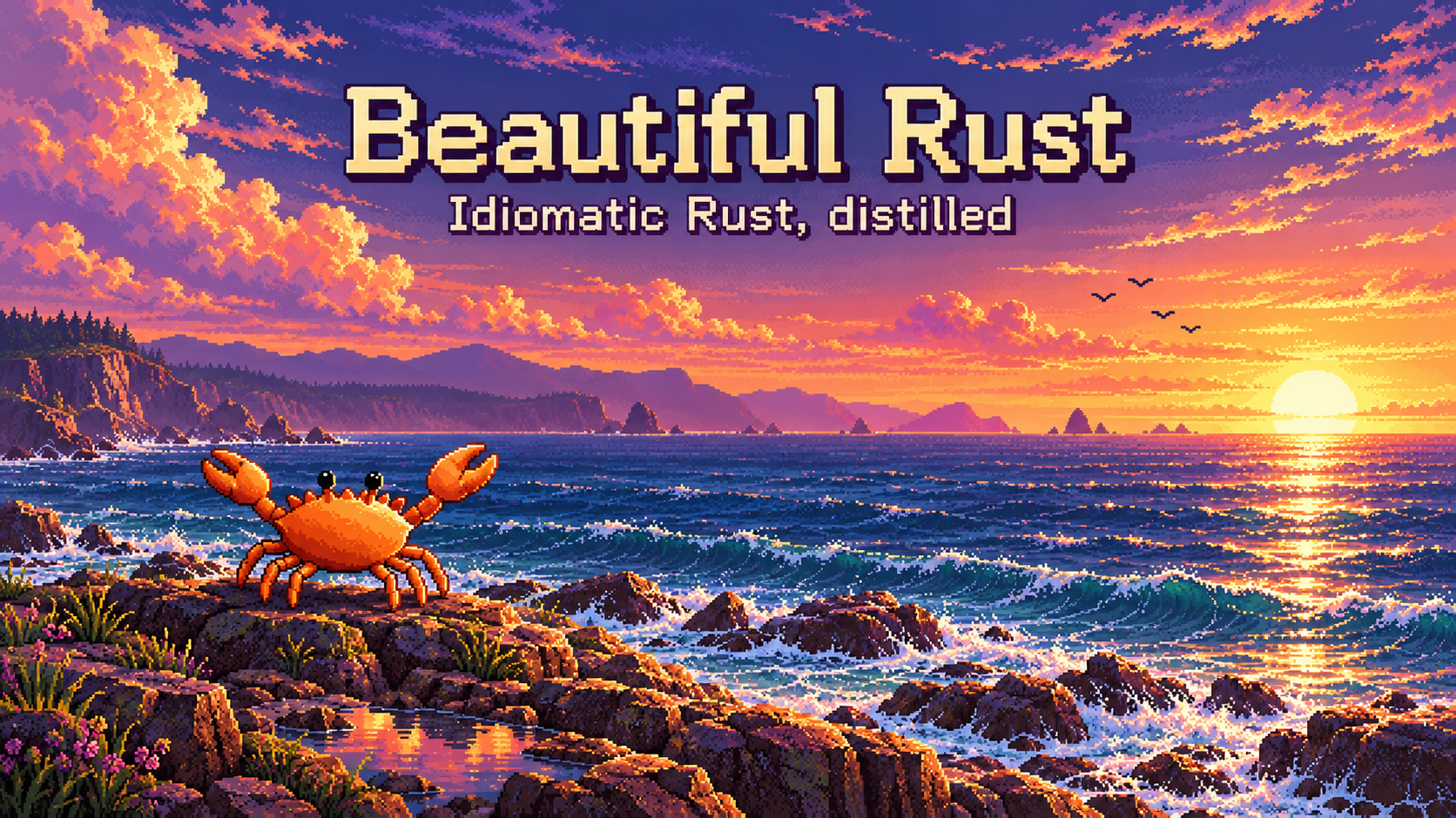 https://github.com/morganlinton/BeautifulRust/blob/HEAD/Pixel art banner: a crab on rocky tide pools at sunset, with waves, sea stacks, and a forested headland, under the title Beautiful Rust and the subtitle Idiomatic Rust, distilled
