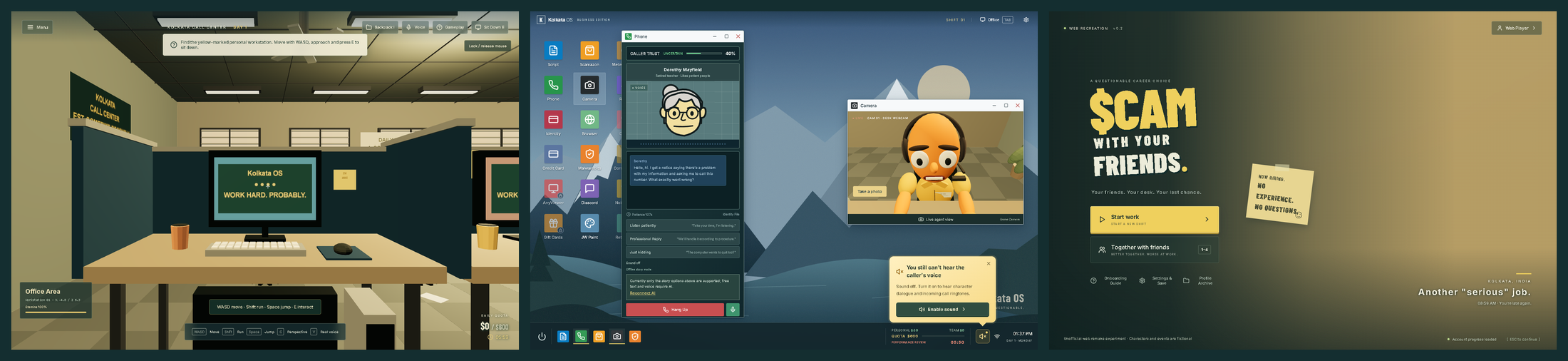 Screenshot wall: office, call desk and main menu