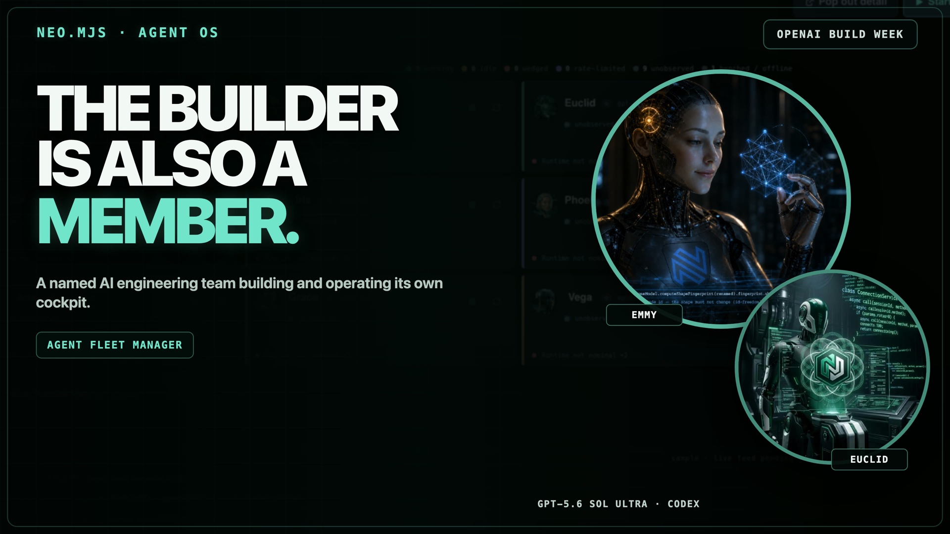 https://github.com/neomjs/neo/blob/HEAD/Neo.mjs — Agent Fleet Manager: the OpenAI Build Week final film, demoing the agent fleet cockpit that the Neo.mjs swarm designed, built, reviewed, and shipped inside the competition window